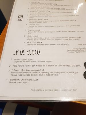 Menu postre at Pizzi & Dixie in Madrid