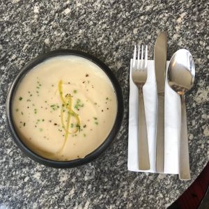 Cauliflower soup (option for business/lunch meal). This was so good!  at Bana in Tel Aviv