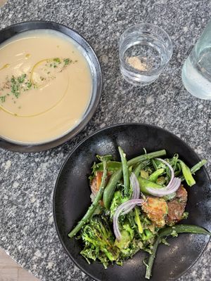 Cauliflower soup and roasted salad  at Bana in Tel Aviv