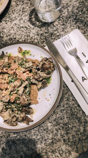 Mushroom waffles with cashew cream (weekend brunch) at Bana in Tel Aviv