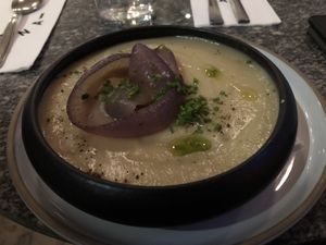 Cashew leek soup at Bana in Tel Aviv