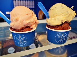 Jaffa topped with Blood Orange (on left), and Passionfruit (on right) at Gelato Papa in Preston