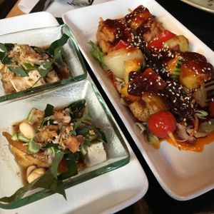 Starters, crispy tofu, herbs and lime & Bbq tofu.  at Red Koi Thai in Helsinki