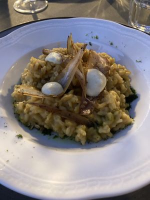 Third course. Pumpkin risotto with smoky cashew cream  at Vegan Agrivilla I Pini in San Gimignano