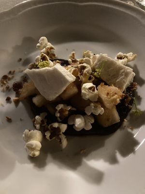 Fourth course. Chocolate, vegan meringue, peaches, popcorn. Surprisingly delicious  at Vegan Agrivilla I Pini in San Gimignano