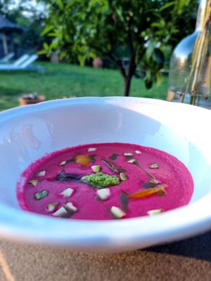 Soup one of the dinner courses at Vegan Agrivilla I Pini in San Gimignano