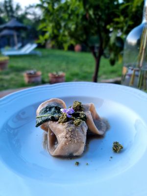 One of the dinner courses at Vegan Agrivilla I Pini in San Gimignano