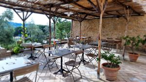 Outside restaurant room at Vegan Agrivilla I Pini in San Gimignano
