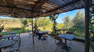 The outside dining area at Vegan Agrivilla I Pini in San Gimignano