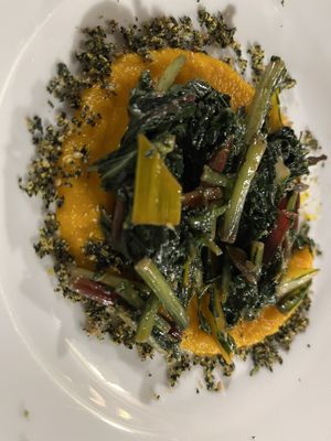 Greens with puréed pumpkin  at Vegan Agrivilla I Pini in San Gimignano