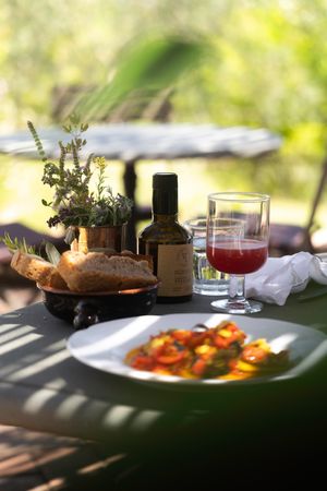Vegan lunch on the terrace at Vegan Agrivilla I Pini in San Gimignano