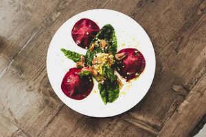 Raw beetroot ravioli Vegan Restaurant i pini Tuscany at Vegan Agrivilla I Pini in San Gimignano