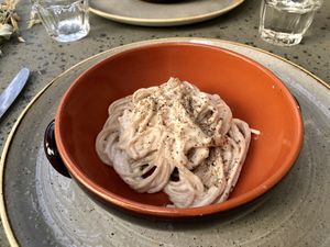 cashew cream on spelt noodles  at Vegan Agrivilla I Pini in San Gimignano