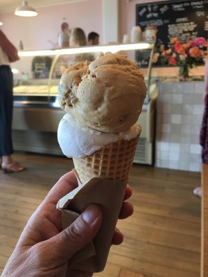Salted mango coconut and salted caramel with praline  at Duck Island Ice Cream - East in Hamilton