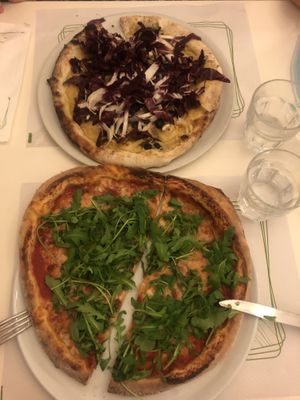 Toscana and Margarita vegan pizza.  at La Taverna di Pulcinella in Pisa