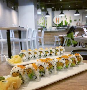 Philadelphia roll (back) spicy tuna (front) at Beyond Sushi in New York City