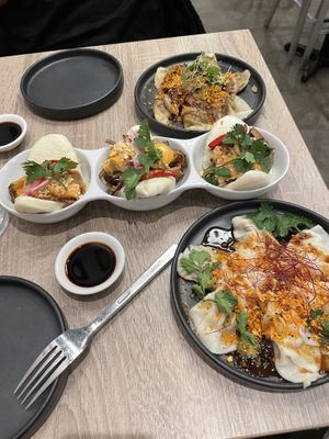 Mushroom dumplings, baos, chicken dumplings at Beyond Sushi in New York City