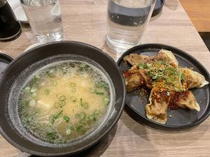 Miso soup and dumplings   at Beyond Sushi in New York City