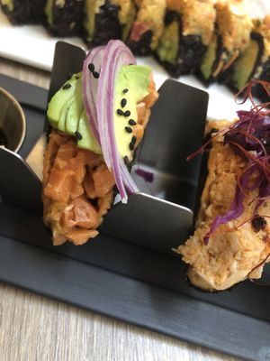 Salmon in nori taco sampler 15  at Beyond Sushi in New York City