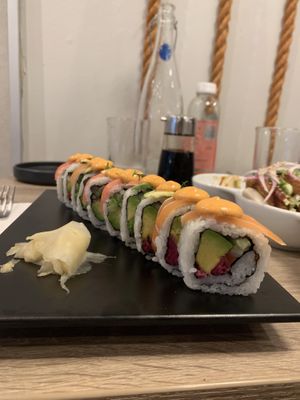 Inside of the rainbow roll  at Beyond Sushi in New York City