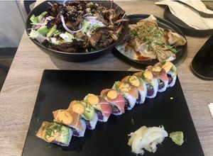 Mushroom salad, dumplings & rainbow roll   at Beyond Sushi in New York City