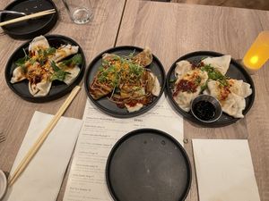 Shiitake truffle, ginger beef, and five spice chik’n dumplings  at Beyond Sushi in New York City