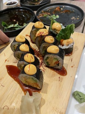 Spicy jackfruit crab roll  at Beyond Sushi in New York City