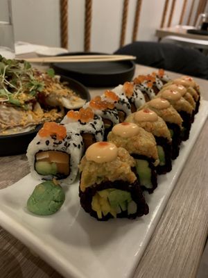 Avocado/ „salmon“ roll (left) & spicy mang roll (right)  at Beyond Sushi in New York City