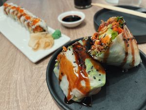 nutty buddy wrap and spicy "tuna" roll at Beyond Sushi in New York City