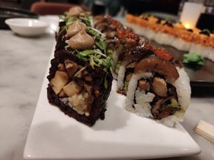 Mighty mushroom (left) and smoky dragon (right) at Beyond Sushi in New York City