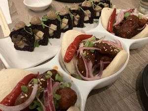 Fried chick'n bao and mighty mushroom roll  at Beyond Sushi in New York City