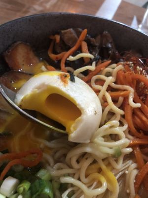 Shoyu ramen 22 - “pork belly” sunny side “egg” braised shiitake, marinated carrots , scallions , enoki, nori, chili oil   at Beyond Sushi in New York City