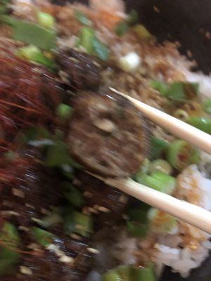 Glazed “meatball” 20 - dark soy and sambal glazed “meatballs” sushi rice, scallions , sesame    at Beyond Sushi in New York City