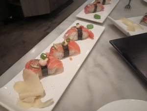 "Salmom" sushi pieces at Beyond Sushi in New York City