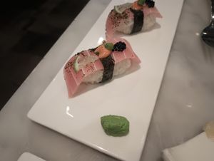 "Tuna" sushi pieces. at Beyond Sushi in New York City