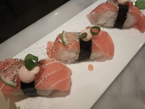 Close-up of "salmon" sushi pieces at Beyond Sushi in New York City