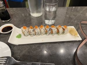 Spicy salmon with orange zest “roe"  at Beyond Sushi in New York City