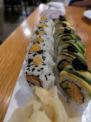 "Salmon” Avocado (left) Charred Avocado (right) at Beyond Sushi in New York City