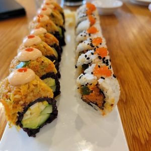 Great lunch special, left-spicy mango roll, right-spicy tuna roll (maki roll) at Beyond Sushi in New York City