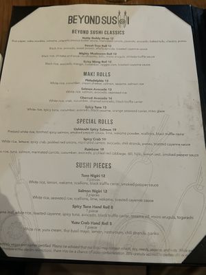 Menu  at Beyond Sushi in New York City