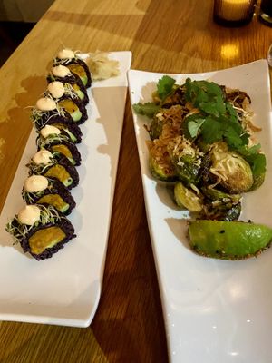 Sweet Tree Roll (black rice, sweet potato, avocado) and charred brussel sprouts   at Beyond Sushi in New York City