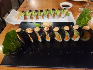 Charred avocado roll and spicy crab roll at Beyond Sushi in New York City