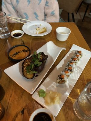 spicy tuna roll and side of yams  at Beyond Sushi in New York City