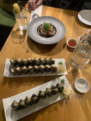 “Pork” shumai, Sweet Tree roll x 2 and Mighty Mushroom roll   at Beyond Sushi in New York City