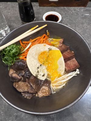 Broken egg bowl with Chunk steak  at Beyond Sushi in New York City