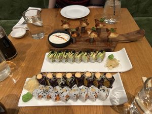 Crab rangoons, charred avocado roll, sweet tree roll, and Philadelphia roll  at Beyond Sushi in New York City