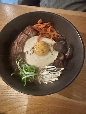 Ramen with steak with vegan egg #Veganuary at Beyond Sushi in New York City