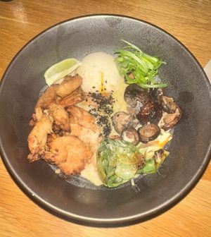 Ramen with chicken and vegan poached egg #Veganuary at Beyond Sushi in New York City