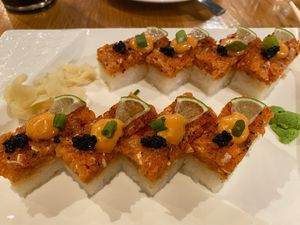 oshizushi spicy salmon roll  at Beyond Sushi in New York City