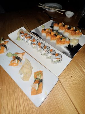 Salmon Nigiri, Philadelphia Roll, Oshizushi Spicy Salmon Roll  at Beyond Sushi in New York City